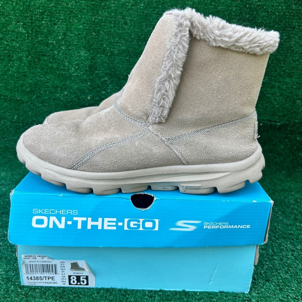 Skechers On-the-Go Move Dazzling Taupe Suede Faux Fur Boots 14385 Womens 8.5